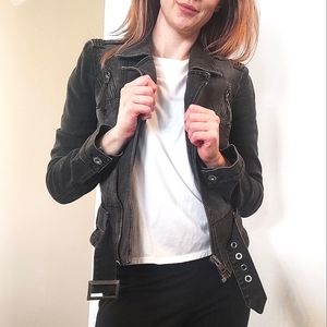 Guess Jeans Grey Denim Cotton Stretch Moto Jacket Gunmetal Belt Buckle Medium